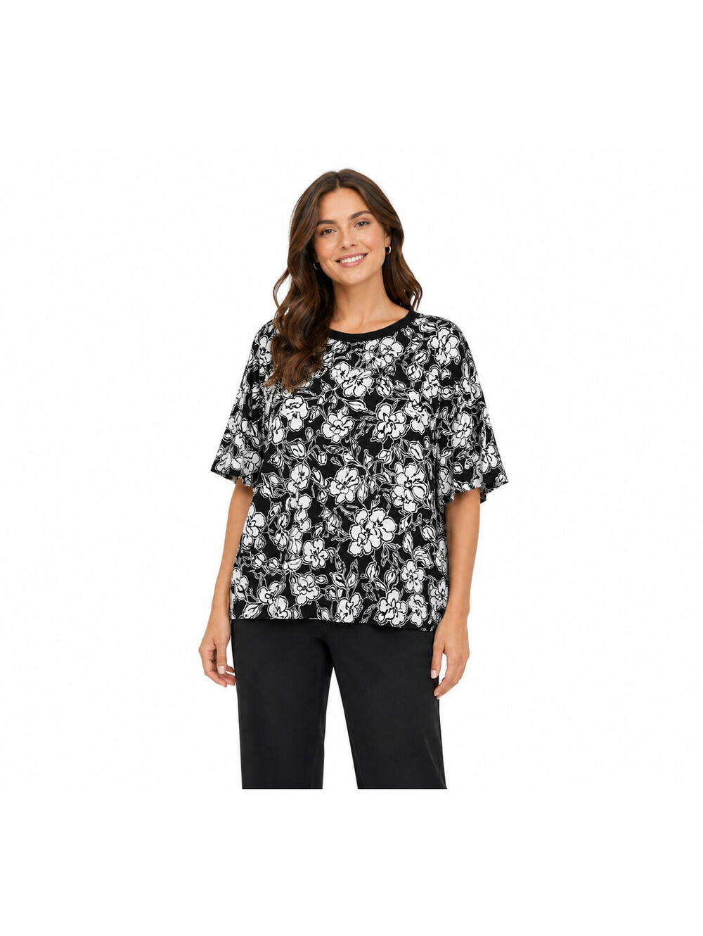 Isaac Mizrahi Livel Printed A-La-Modal Puff Sleeve Top Black Floral, XL #12-